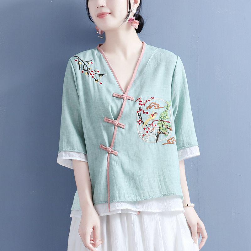 Women's Ethnic V-Neck Embroidered Cotton-Linen Cardigan Top and Mid-Sleeve Tea Dress