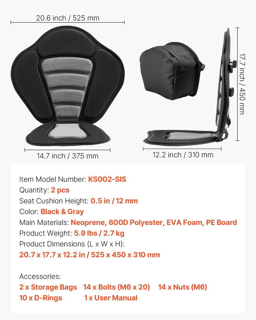 Kayak Seat, 2 Pack 12 mm Thick, Universal Paddle Board Seat with Back Support, Sit-on-Top Soft Padded Cushion with Storage Bag & Adjustable Straps for