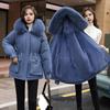 Winter Women Coat Cotton Jacket Furry Hood Thickened Plush Mid Length Long Sleeves Elastic Waist Zipper Closure Pockets