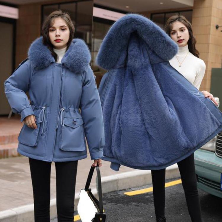 Winter Women Coat Cotton Jacket Furry Hood Thickened Plush Mid Length Long Sleeves Elastic Waist Zipper Closure Pockets