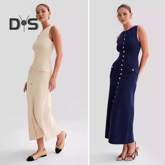 Letní dámské šaty Pletené pouzdro Slim Fit Jednobarevné Kulatý výstřih Elastické Bez rukávů Jednořadové knoflíky Délka do půli lýtek Midi šaty