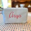 Personalized Embroidered Seersucker Makeup Bag - Portable Toiletries Storage for Travel or Business Trips