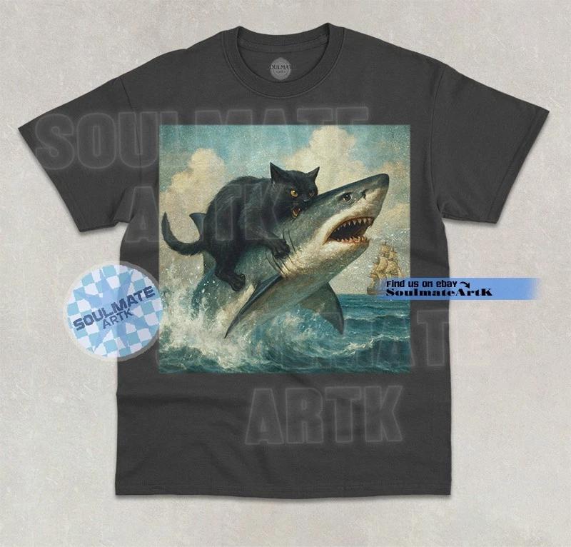 Fat Cat Vs Shark T- Shirt Funny Meme Hilarious Cat Lover Shark Joke Unisex Shirt S