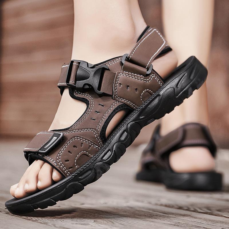 Fashion Summer Men Sandals PU Leather Lightweight Open Toe Flat Mens Casual Shoes Outdoor Walking Sandals for Men Beach Shoes Size