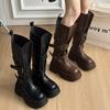 [Fanfna] Maillard Brown Boots Women's Big Tube Circumference Thick-soled Heightening Western Cowboy Tall Knight Boots