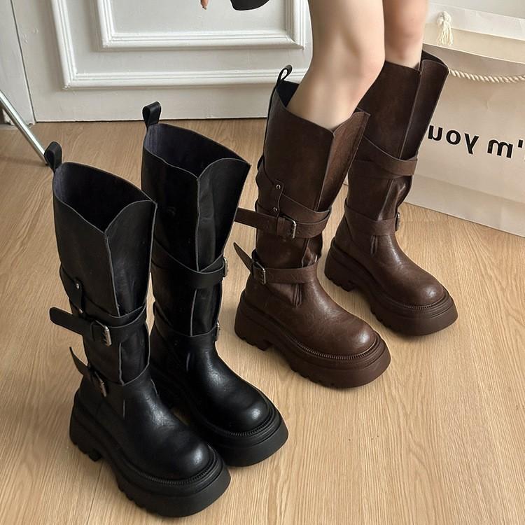 [Fanfna] Maillard brown boots women's big tube circumference thick-soled heightening western cowboy tall knight boots