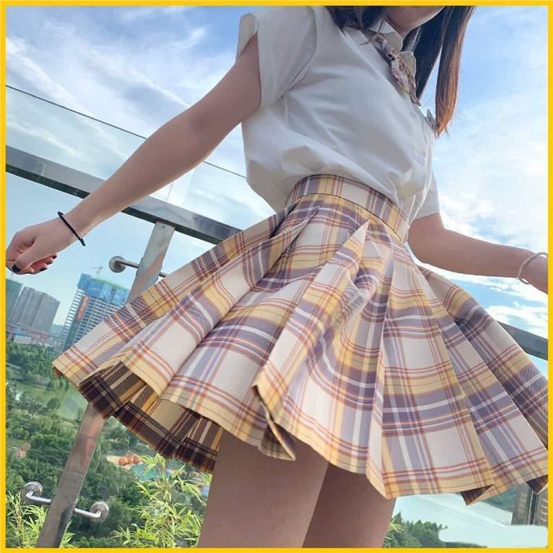 Yamabuki JK Academy Style Female Student Uniform: White Shirt & Pleated Plaid Midi Skirt Set