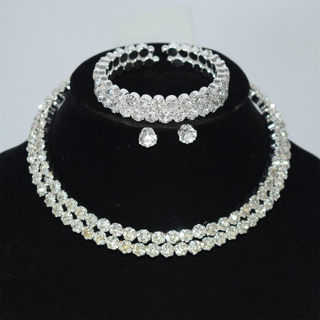 Gold & Silver Rhinestone Jewelry Set: Choker, Bracelet, Stud Earrings, & Necklace