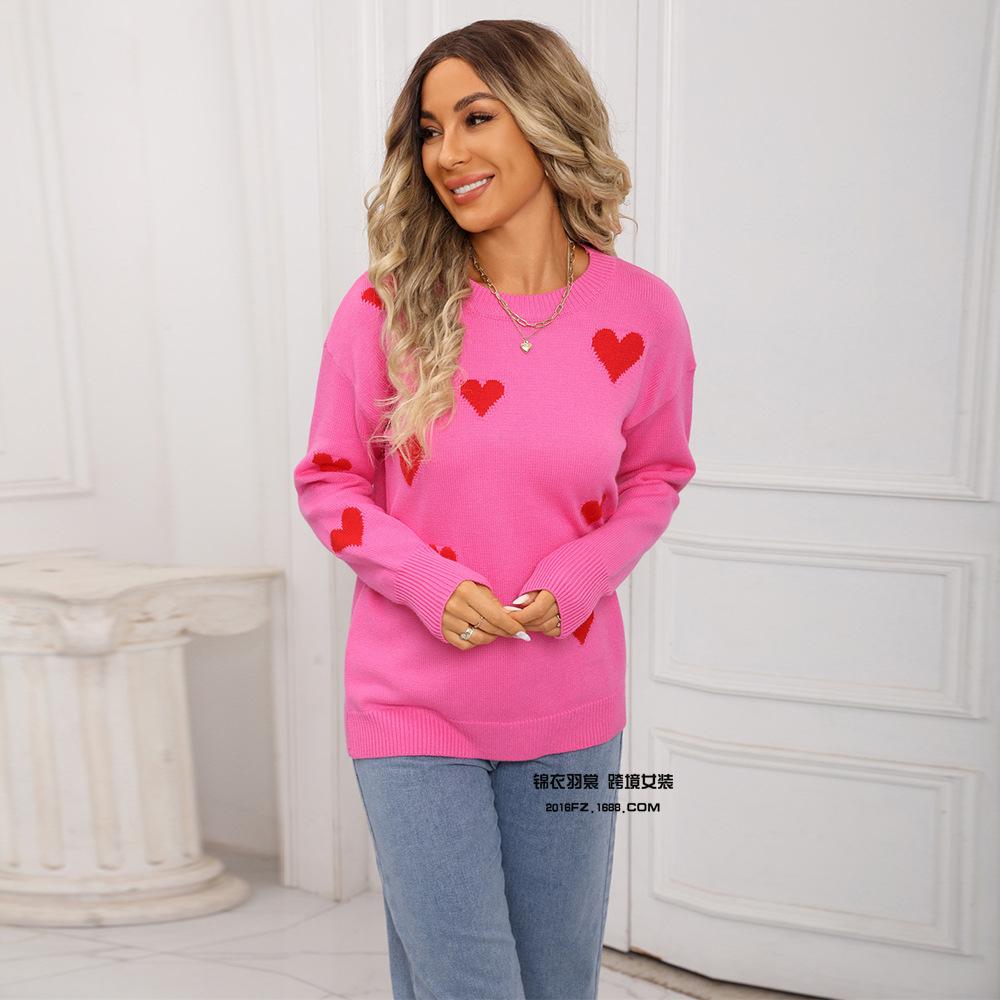 Autumn and Winter Long-sleeved Heart-shaped Sweater, Women's Embroidered Loose Knitted Sweater