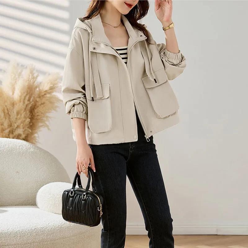 Women's Spring and Autumn Fashion Loose Casual Short Windbreaker Jacket - Hooded Top
