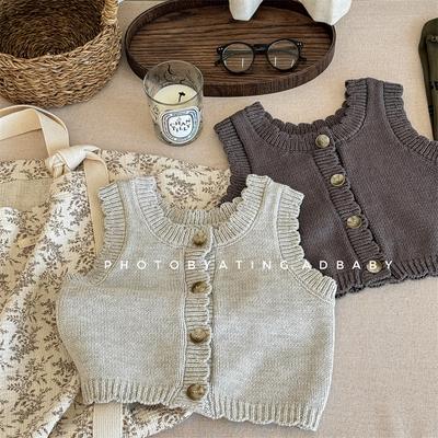 Children's Knitted Vest Autumn New Korean Infant Toddler Girls Sweater Vest Solid Casual Kids Knitwear Sleeveless Cardigan