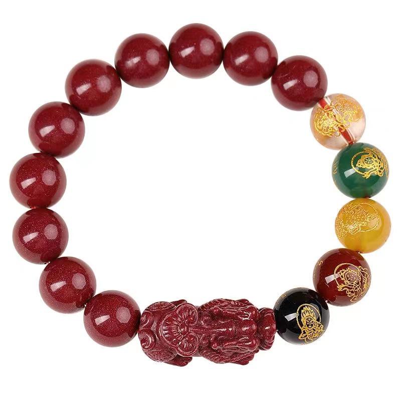 Natural Cinnabar Five Gods of Wealth Bracelet for Luck and Protection, Purple Gold Sand Pixiu, Unisex Jewelry