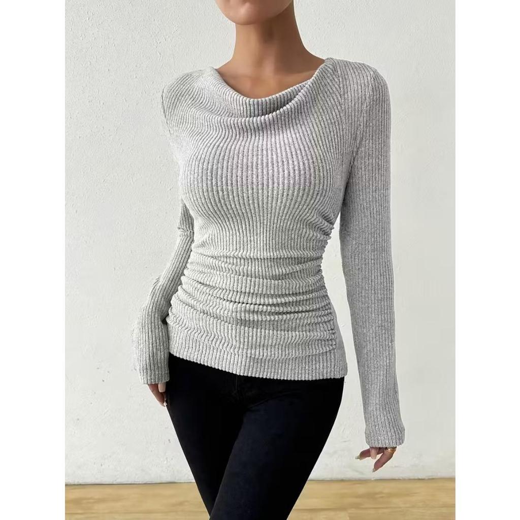 Suéter de Color Sólido para Mujer Otoño Invierno de Punto de Manga Larga Top Casual