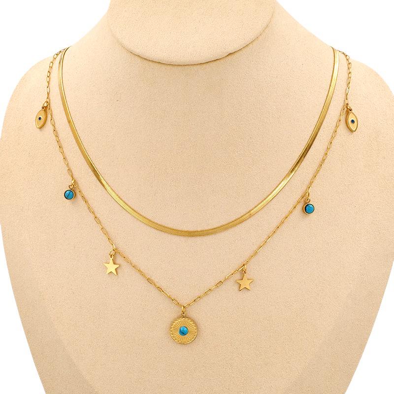European & American Fashion Titanium Steel Double Layer Clavicle Necklace with Eye & Star Pendant for Women.