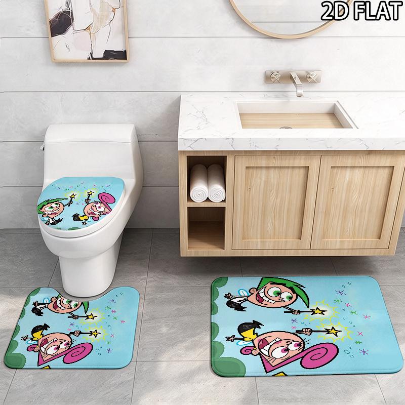 3pcs The Fairly OddParents Pattern Flannel Nonslip Absorbent Washable Decorative Bathroom Home Toilet Seat Cover Mat
