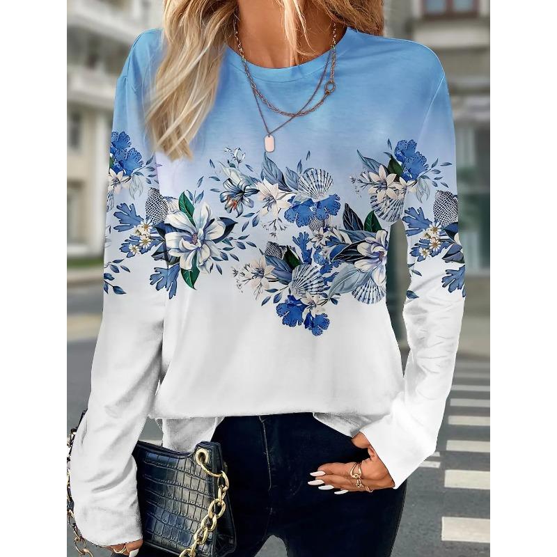 3D Print Floral Graphic Women's T Shirt Spring Autumn Long Sleeve Tops Basic Design Fashion O-Neck Fit Y2K Sweatshirt For Girls