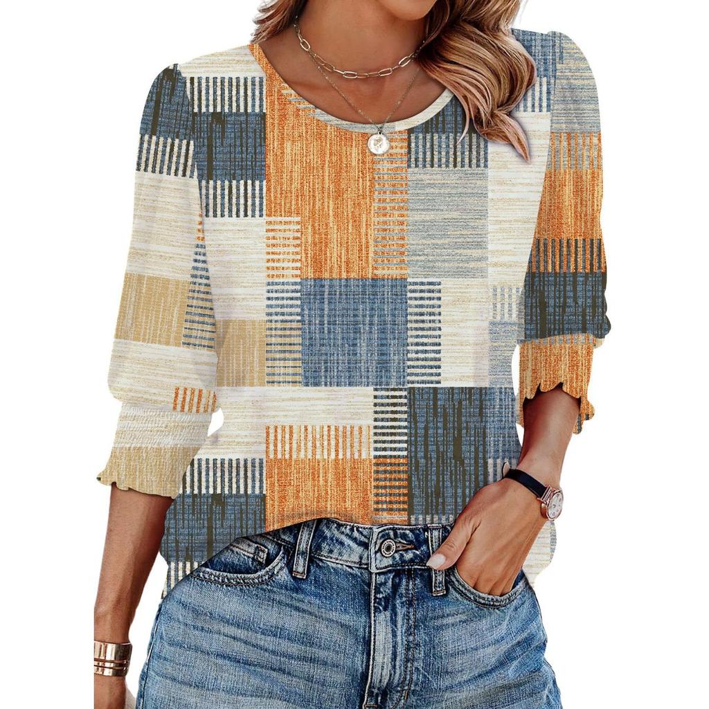 Women's Clothing, Spring, Loose, Casual, Printed, Seven Quarter Sleeves, Round Neck, T-shirt, Top