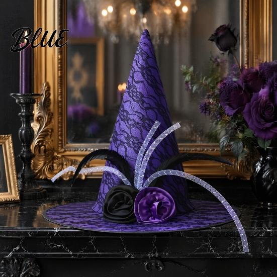 Mesh Witch Hat with Roses Halloween Star Hat Veil Rose Feather Cone Black Costume Headwear for Women Gothic Party Headwear Adult Cosplay Accessory