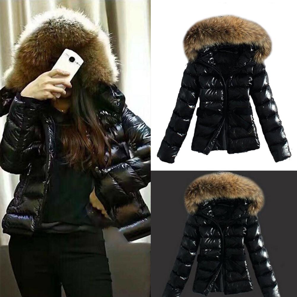 Women's Faux Fur Collar Hooded Zipper Puffer Jacket Coat Winter Warm
