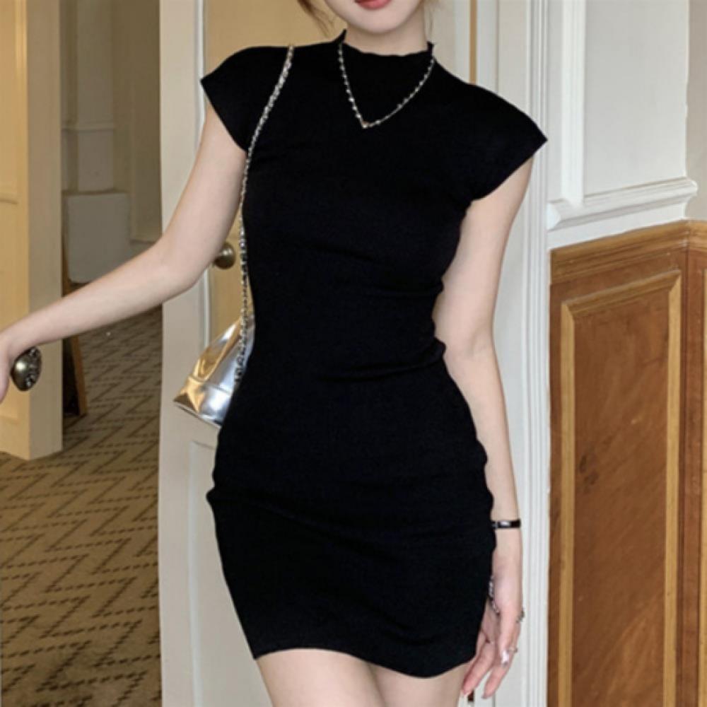 New Arrivals Open Run Women Slim Fit Half Neck Cap Sleeve Mini Dress