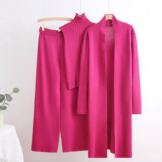 Women's Piece Cardigan Knit Lounge Set 3 Elastic Waist Wide Leg