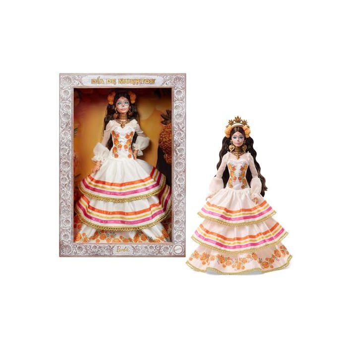 Poupée Día De Muertos - Barbie - Robe couleur crème à volants - Couronne de fleurs - Maquillage calavera - Articulée
