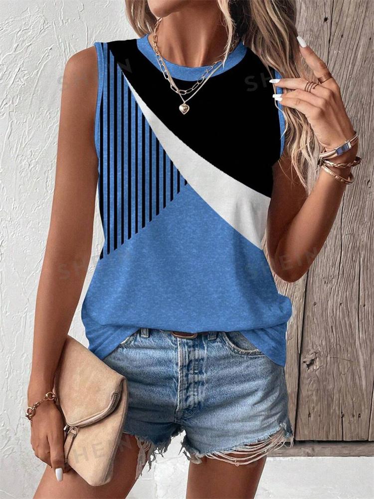 2026 New Striped Print Women's Elegant Tank Top Summer Street Fashion Tank Top Everyday Casual Women's Sleeveless T-shirt