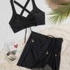 Solid Pendant Design Sexy Two Piece Bikini With Drawstring Skort Comfortable For Beach Vacation