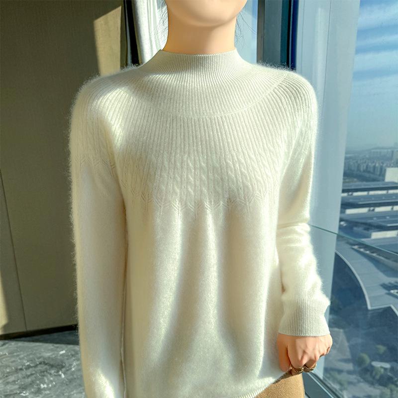 2024 Autumn/Winter Women's Thick Wool Knitwear: Solid Color Jacquard Half-Turtleneck Loose Base Layer Sweater