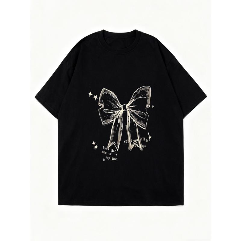 Oversized T Shirt Black Bow Print With Stars And Text Graphic Tee For Casual Wear