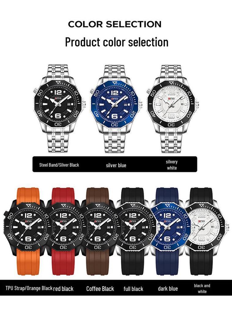 OFNS Men's Rotating Bezel Quartz Watch: 3D Numerals, Waterproof, Steel Strap, Ideal for Business & Commuting