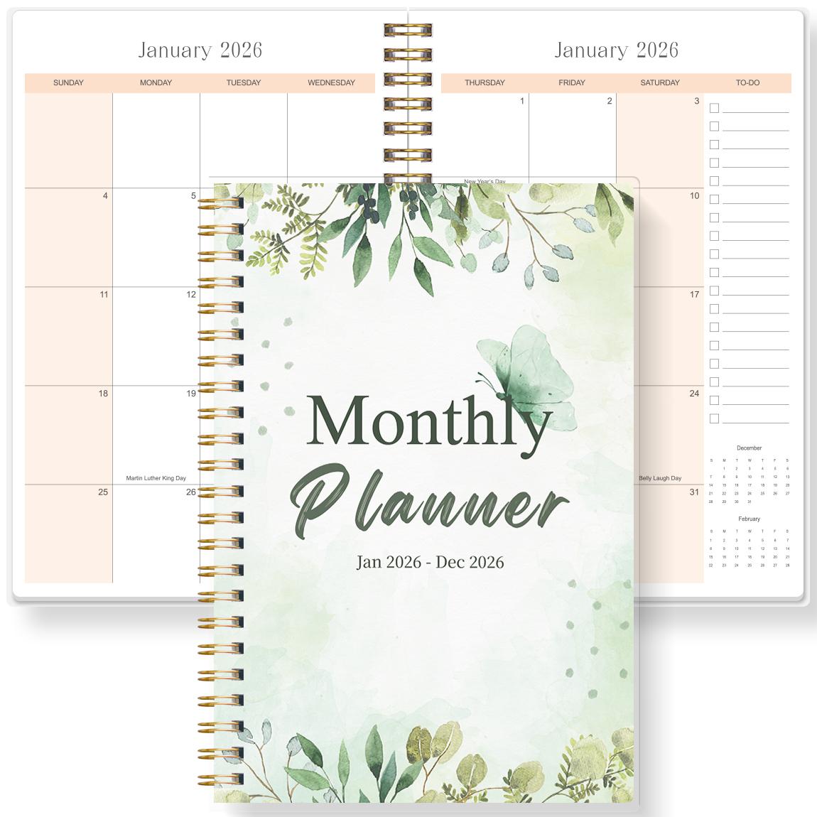 

2026 A5 Monthly Planner,Green Butterfly Floral Cover,Academic Agenda with Notes&To Do List,Perfect for Time Management,Good Gift зелений