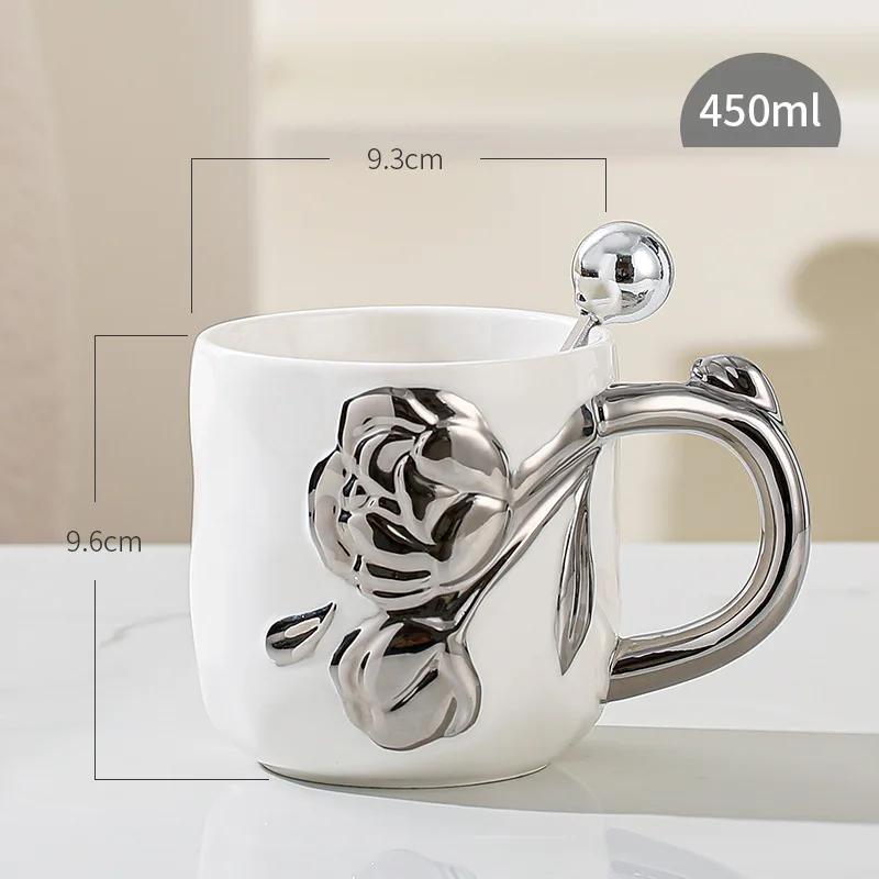 Electroplated Ceramic Mug with Handle Spoon, Creative Light, Luxury Relief Flowers, Home Water Cup, 450ml Capacity, 1Pc