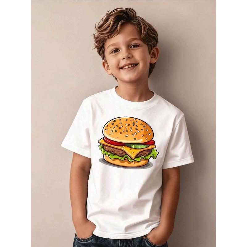 European Sizes Kids T-Shirt Boys Casual Daily Sport Trendy Black Crew Neck Short Sleeve with Cartoon Hamburger Pattern Kids Wear for Boys