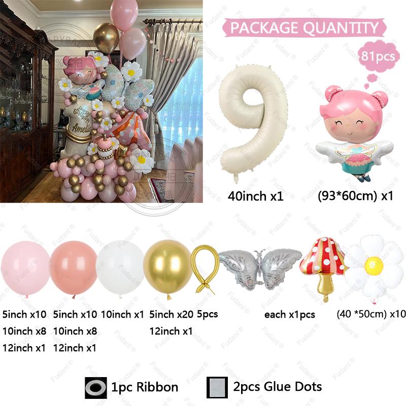81pcs Flower Fairy Little Elf Colorful Balloon Birthday Number Balloon Set Festival Party Decoration Girl Birthday Surprise Gift