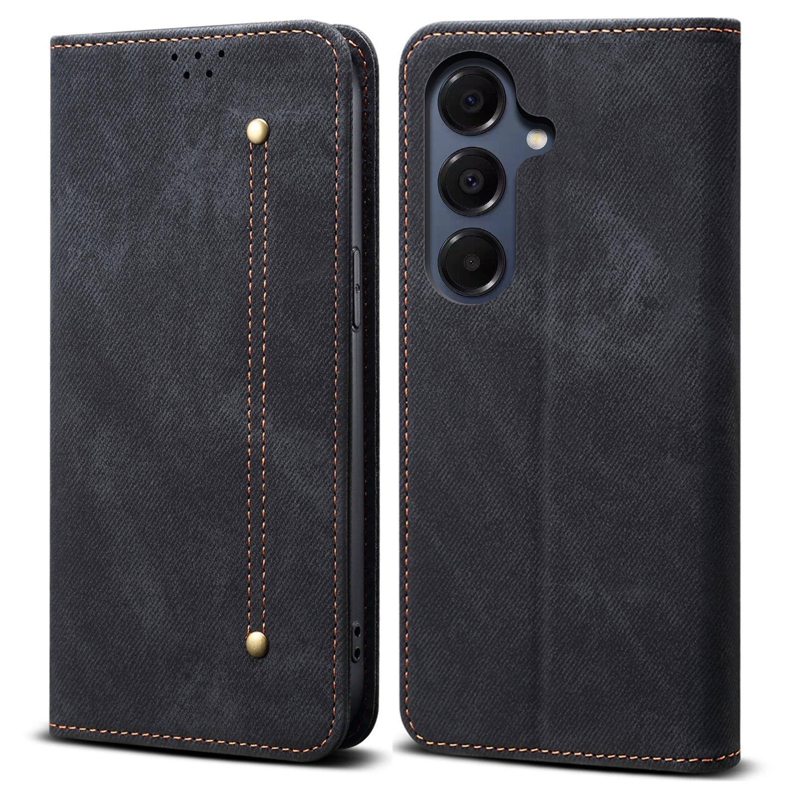 

Чехол для Samsung Galaxy A17 Текстура джинсовой ткани Кожаный чехол-подставка с защитой от царапин Black