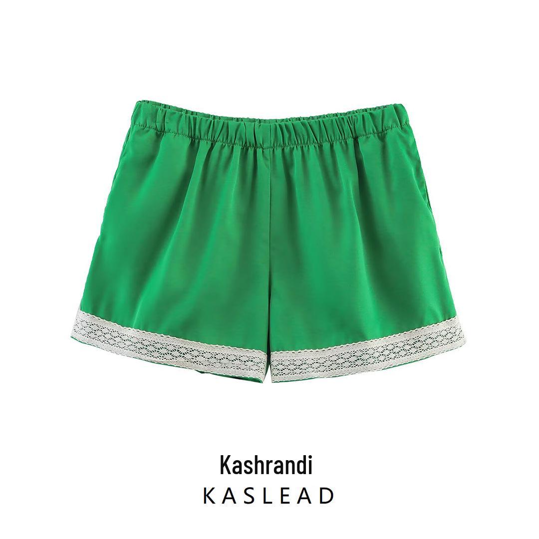 

Spring 2025 Women s European & American Style Lace Trim Silk Satin Shorts Medium зелений