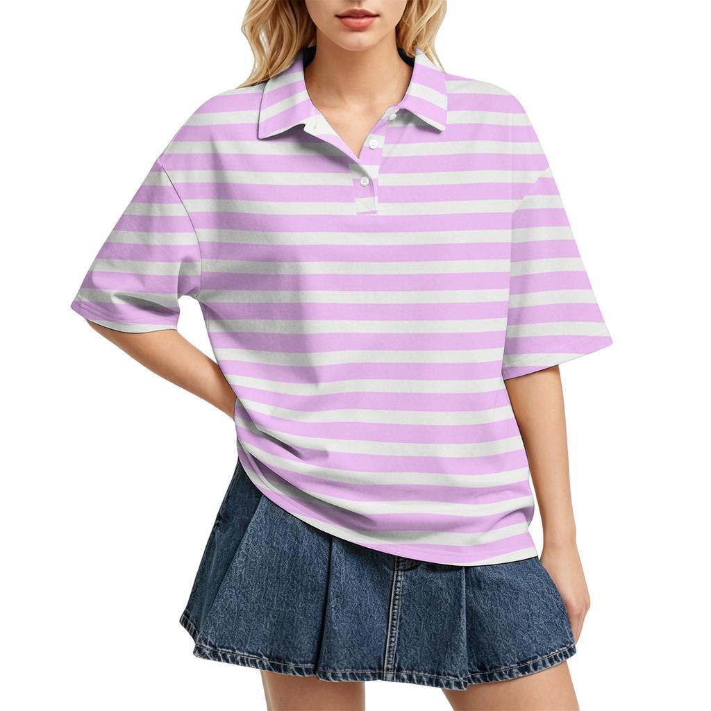 Camisa Polo Casual para Mujer de Corte Holgado con Mangas Cortas, Ligera, con Patrón de Rayas, Top de Verano con Cuello Clásico y Tapeta de Botones