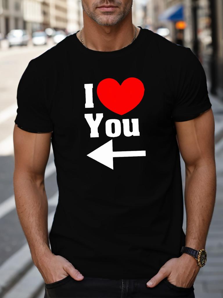 Men's Stylish I Love You Pattern T-Shirt, Casual Breathable Crew Neck Short Sleeve Tee Top For City Walk Street Hanging Outdoor Activities