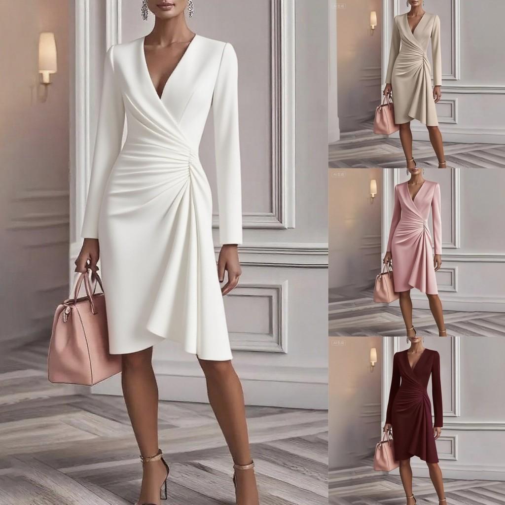 Elegante Vestito a Maniche Lunghe da Donna con Scollo a V e Design Spliced per l'Ufficio