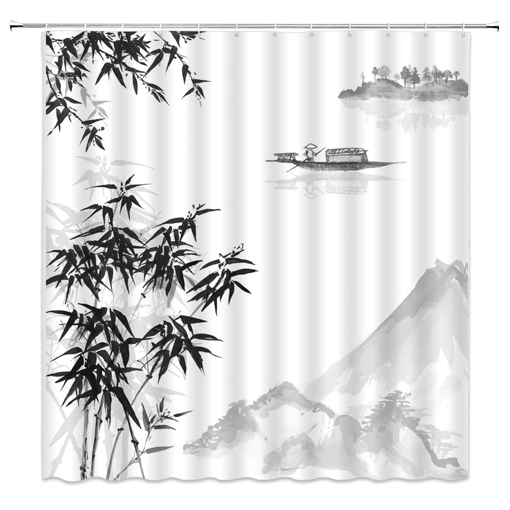 Landscape Shower Curtain Spring Season Pink Flower and Pavilion Scenery on Lake Chinese Style Bathroom Decor Hanging Curtain with Hooks