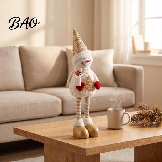 Festive Party Supplies Christmas Plush Snowman with Extendable Legs, Sequins Hat Holding Star Dolls Doll, Standing Long Legs Xmas Decoration