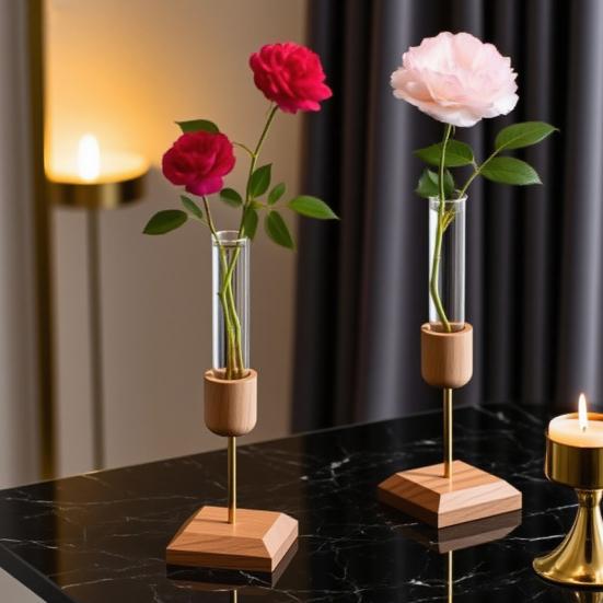 Plant Propagation Station Wooden Stand with Glass Test Tube Vase