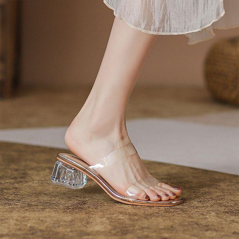 Transparent Sandals Women 2025 Summer New Middle Heel Thick Heel Crystal Heel Shoes Fairy Style Word with Fashion Cool Slippers