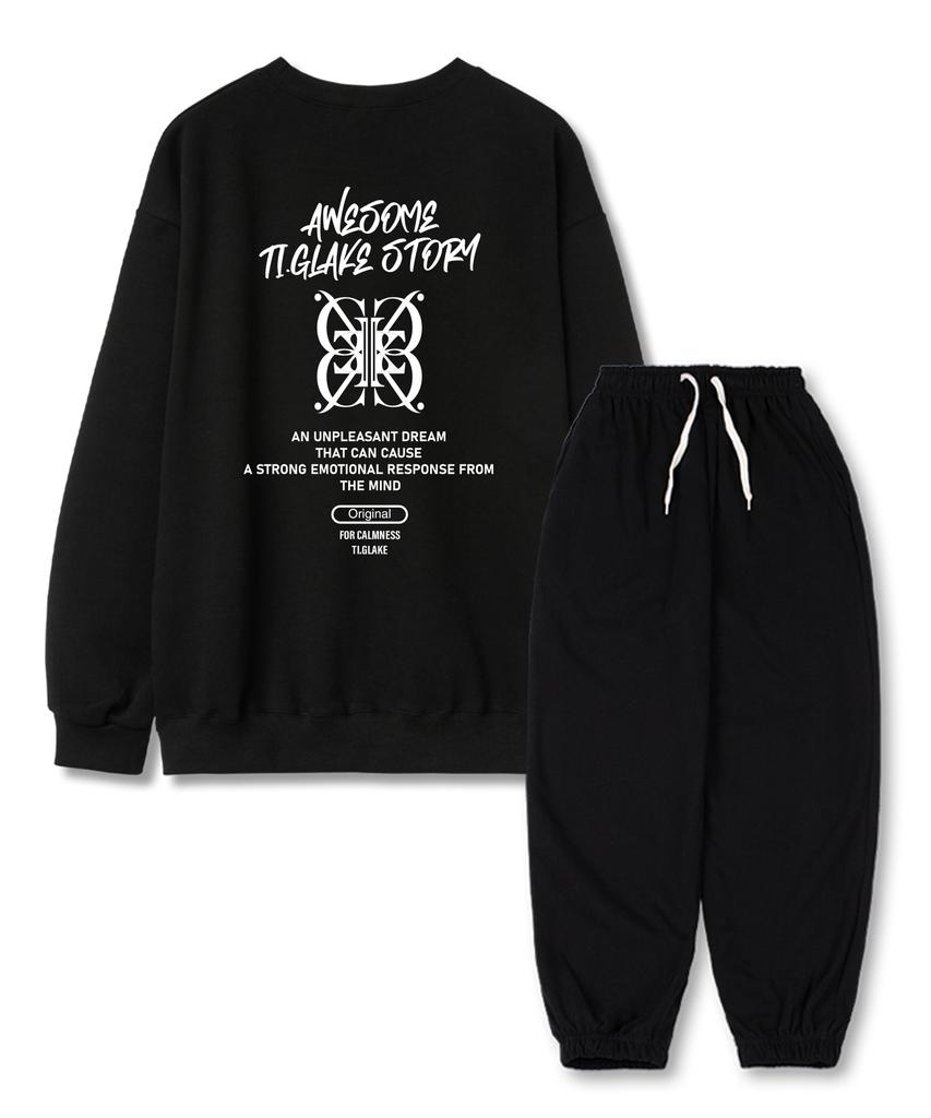 TI.GLAKE Big Logo Story Fleece-Lined Sweatshirt Jogger Training Pants Set Black