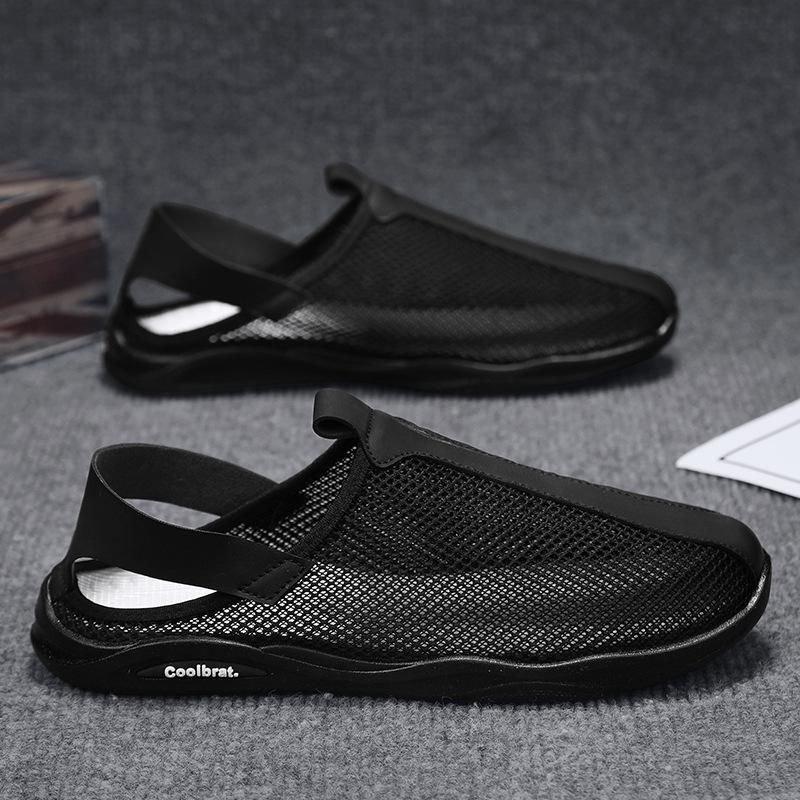 Men's Sandals Summer Hollow Men Shoes Breathable Mens Slip-On Beach Shoes Soft Sole Lazy Mesh Shoes Man Casual Sport Sandal