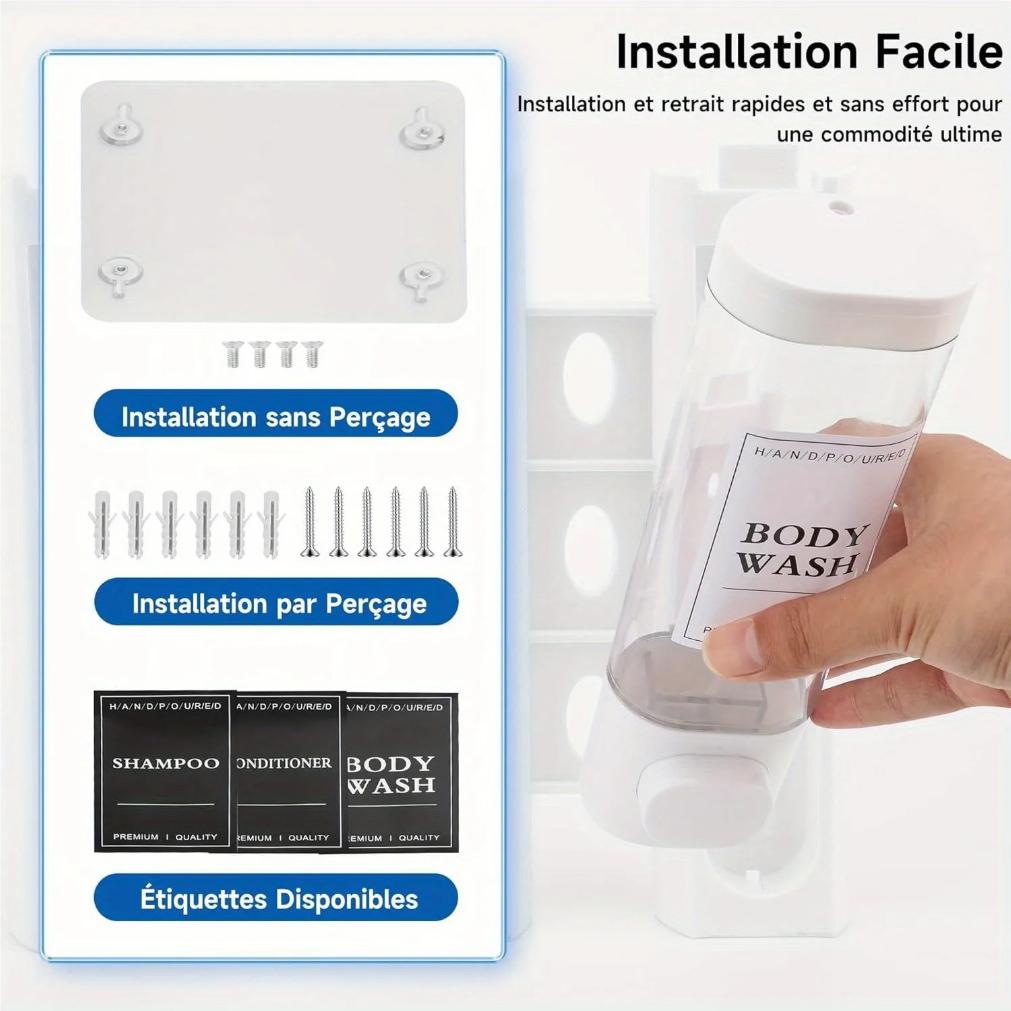 Wall-mounted Soap Dispenser, Shower Gel Dispenser, 3-in-1 Shampoo and Conditioner Dispenser, No Drilling Required, ABS Material,