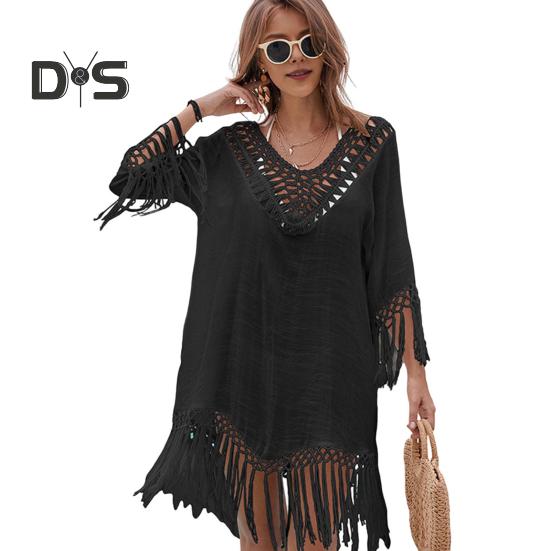 Beach Cover Up Dress V-Neck Woven Hollow Neckline Fringed Cuffs Hem Bikini Cover Up UV Protection Beach Dress