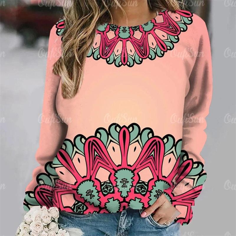 Retro geometric printed T-shirt with colorful ethnic style long sleeves XS