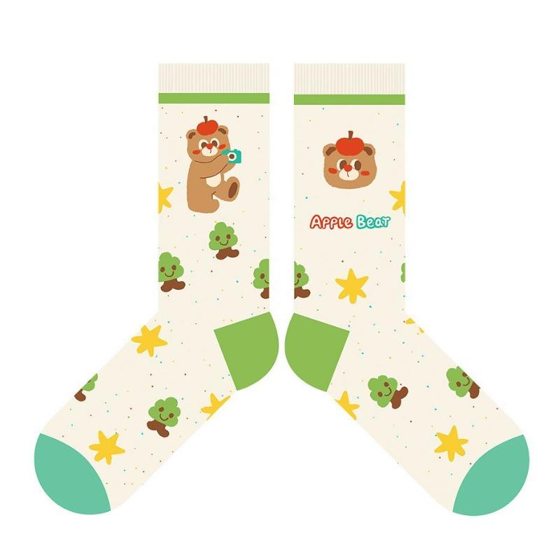Cute Striped Apple Teddy Bear Mid-calf Cotton Socks - Pile-style Winter/spring Children's Cartoon Sports Socks